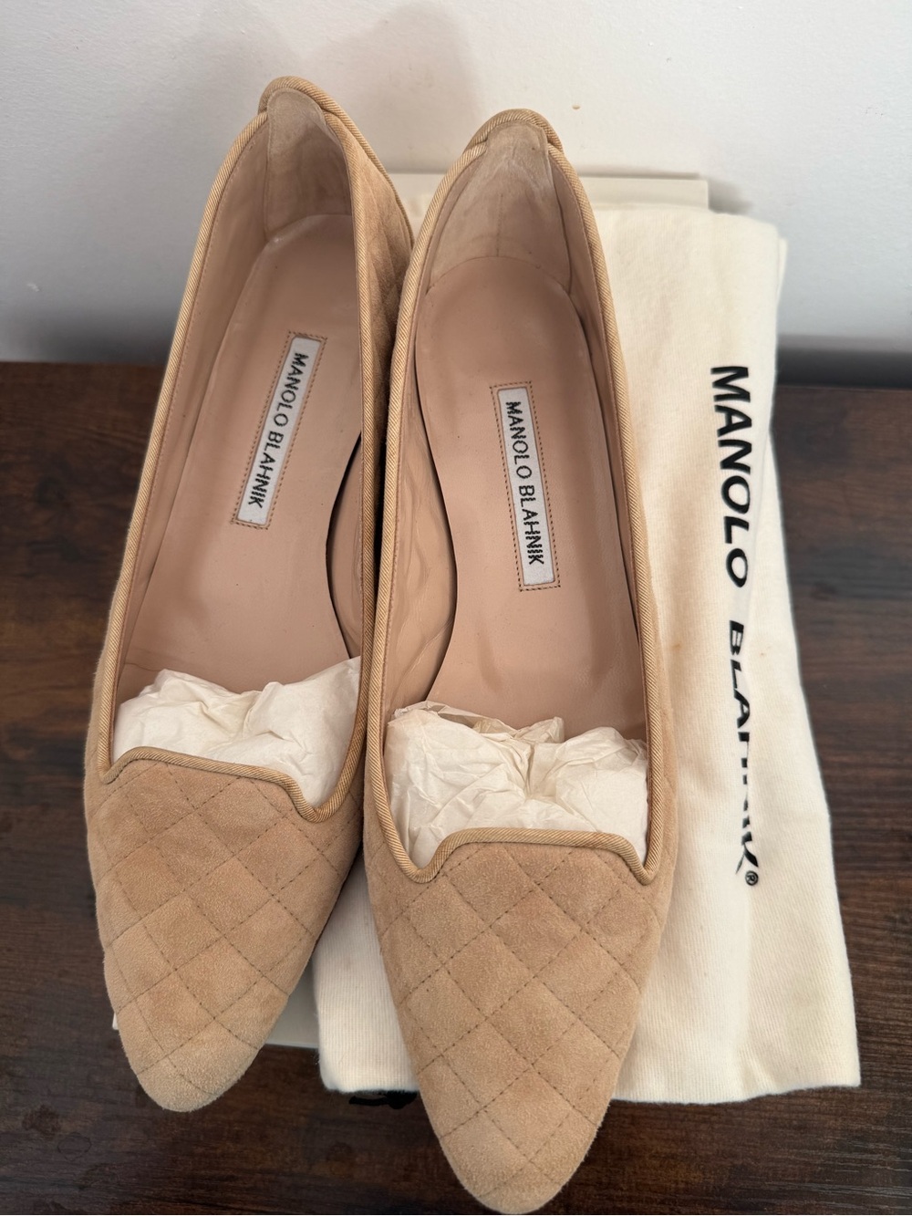 Manolo Blahnik Quilted Beige Suede Pointed Loafers